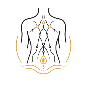 Stylized torso outline with chakra-like points and gold accents, centered on a white background
