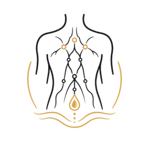 Stylized line-art torso with chakra-like nodes and gold accents on a white background