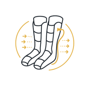 Illustration of tall compression socks with arrows indicating airflow or compression support