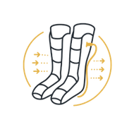 Illustration of two gray socks with yellow arrows indicating airflow or compression support