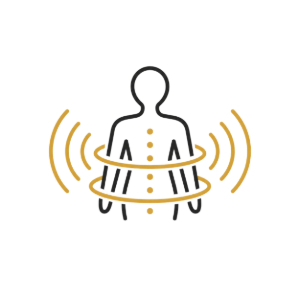 Person silhouette with gold sound waves radiating around the torso and sides