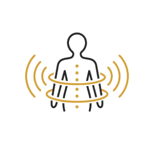Stylized person outline with orange concentric waves radiating from the torso and arms