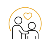 Two outlined figures with a heart above them, one comforting the other, in black and gold line art.