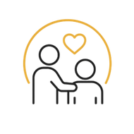Two people outlined in black with a gold heart above them, framed by a gold arch
