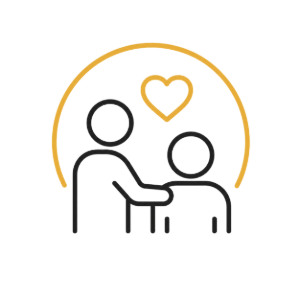 Two people outlined in black with a gold heart above them, framed by a gold arch
