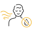 Person with closed eyes and scented air lines, next to a crossed-out droplet icon indicating no water.