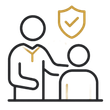Two outlined people with a gold shield checkmark above, suggesting safety or support