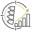 Spine icon with rising bar chart and upward arrow, suggesting improving back health