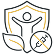 Healthcare and sustainability icon with person, leaf, and syringe inside a shield outline