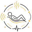 Minimalist black and gold meditation icon with a reclining figure, circles, sparkles, and pulse line