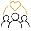 Three people outlined in black with a gold heart above them, symbolizing care or community