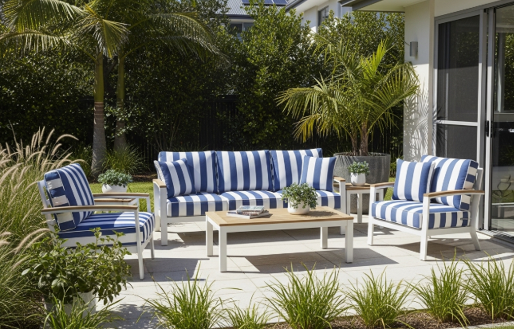 A patio set with white-framed sofas and chairs featuring blue and white striped cushions, placed on a paved backyard area.