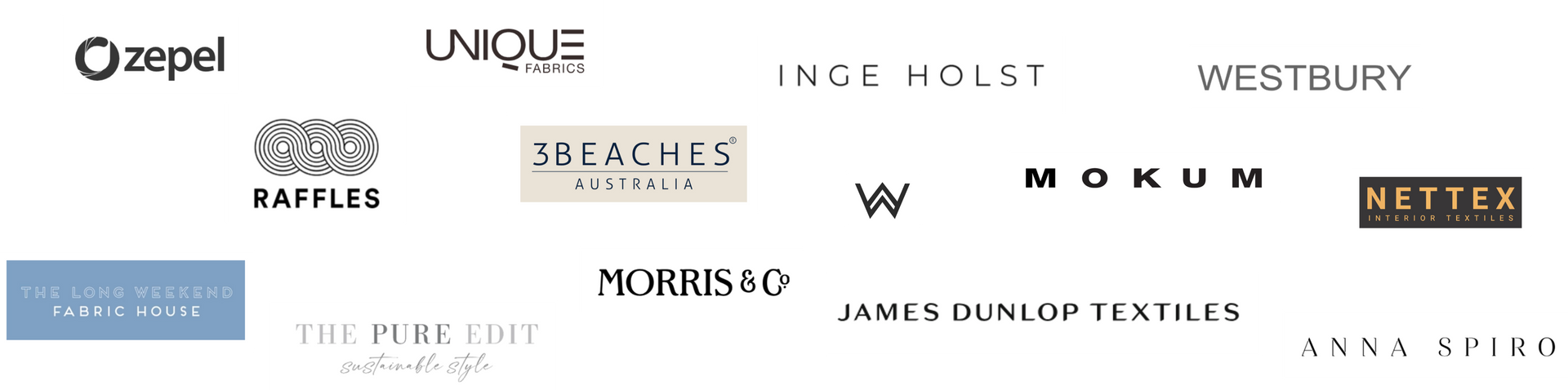 A grid of logos for textile and fabric brands, including Zepel, Unique, Raffles, Mokum, Nettex, and James Dunlop Textiles.