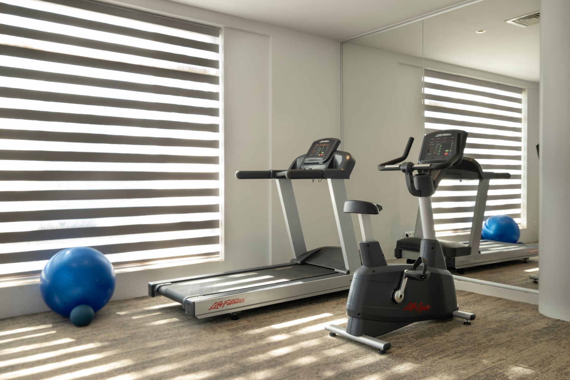 A gym with treadmills and a bike in front of a mirror.