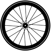 A black and white silhouette of a bicycle wheel on a white background.