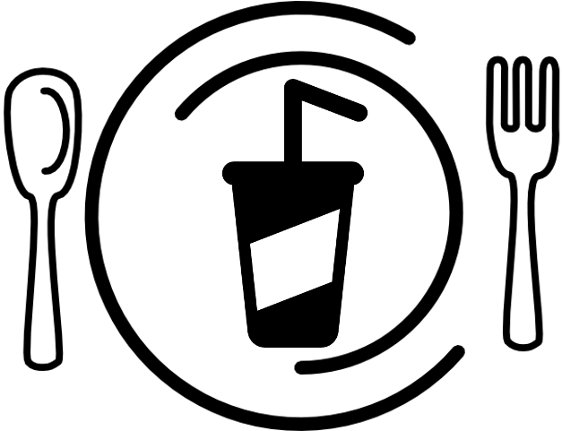 A black and white drawing of a plate , fork and spoon with a drink in the middle.