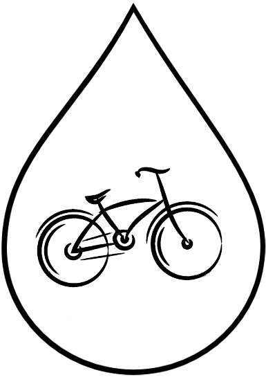A black and white drawing of a bicycle in a drop of water.