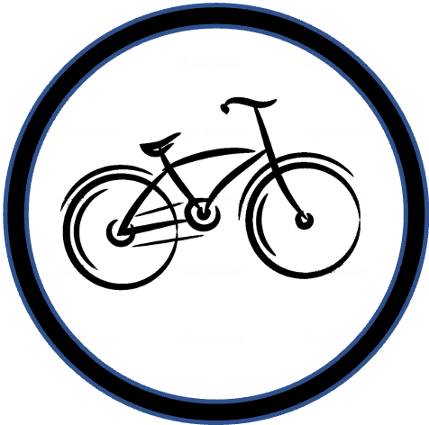 A black and white drawing of a bicycle in a blue circle.