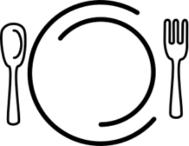 A black and white drawing of a plate , fork and spoon.