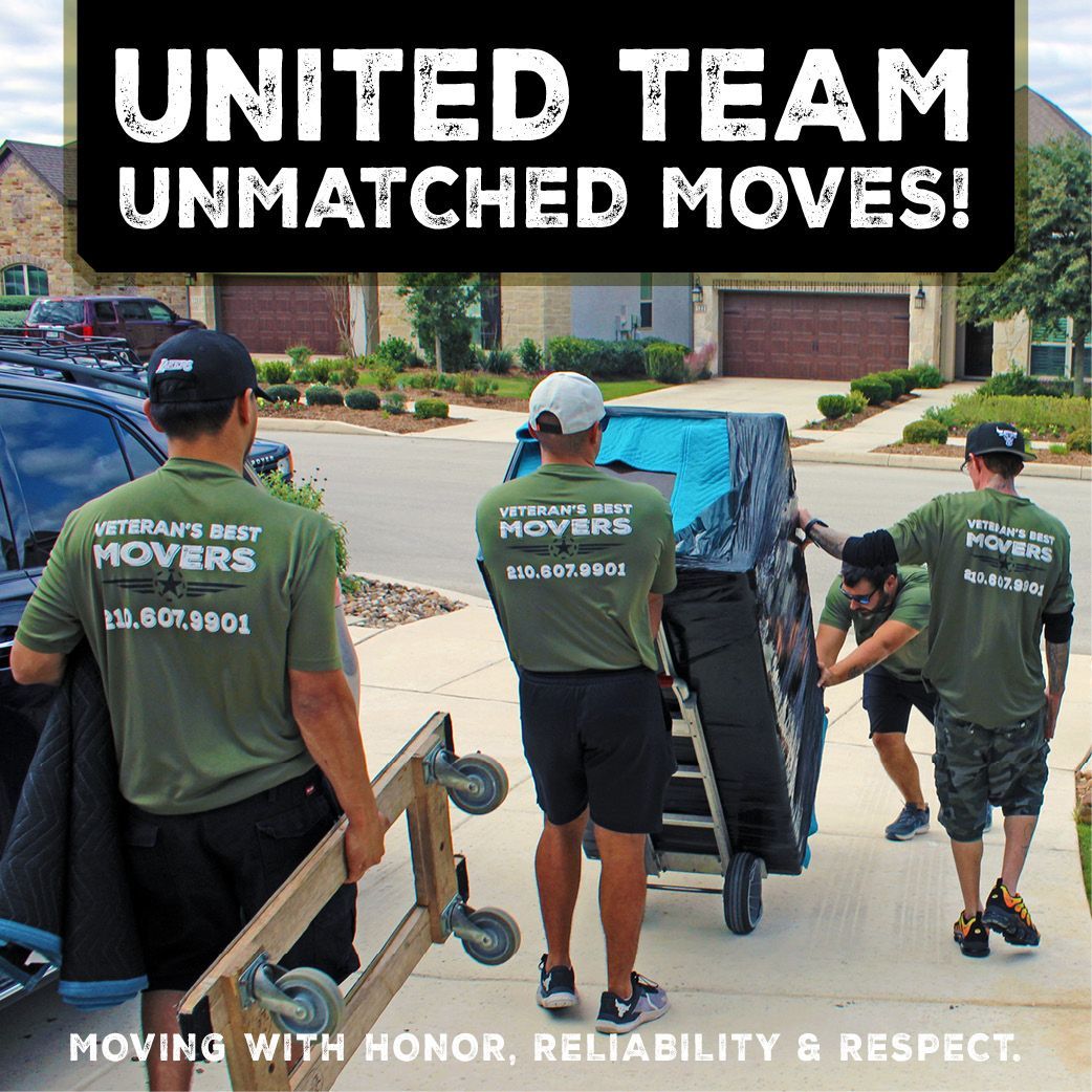 The moving crew in green shirts carries furniture on a suburban driveway, with banner reading “UNITED TEAM UNMATCHED MOVES!”