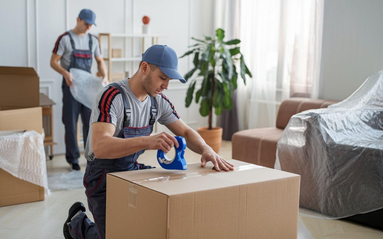 Two movers in uniforms and caps pack cardboard boxes in a living room; one seals a box with a tape dispenser.