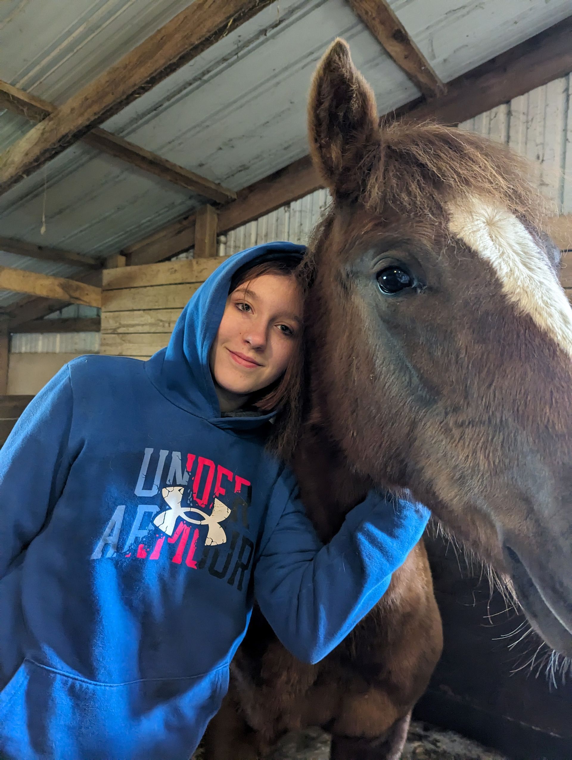 A girl in a blue under armour hoodie is hugging a brown horse in a stable.