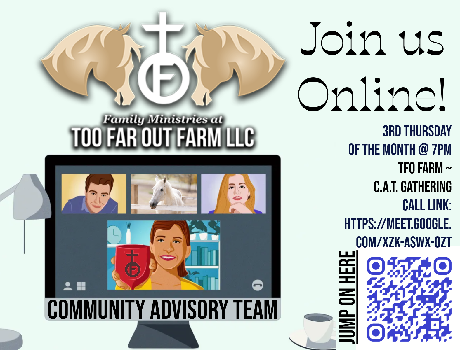 RSVP HERE Online meeting advertisement with logo