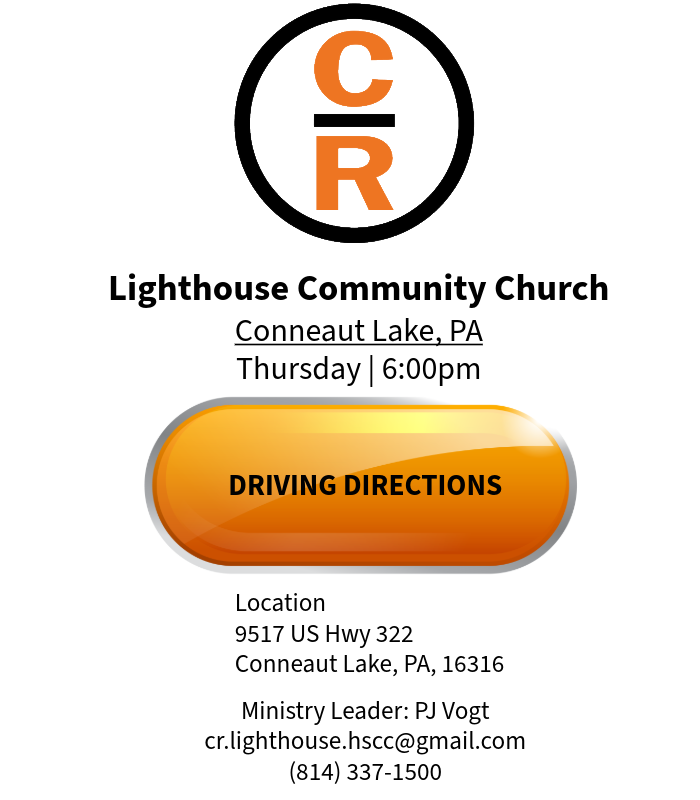 Event flyer for Celebrate Recovery at Lighthouse Community Church, Conneaut Lake, PA. Includes contact and location info.