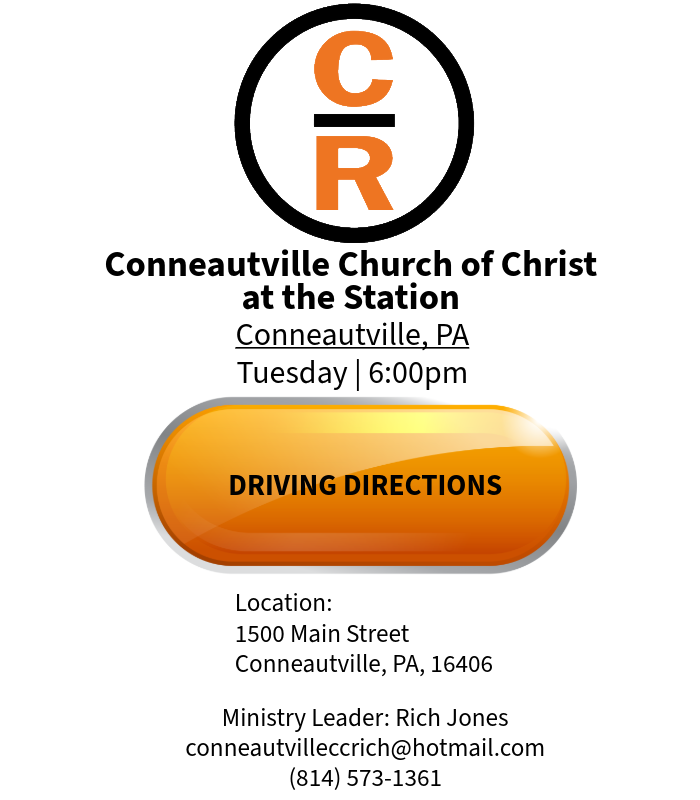 Event flyer for Conneautville Church of Christ at the Station. Includes address, meeting time, and contact information.