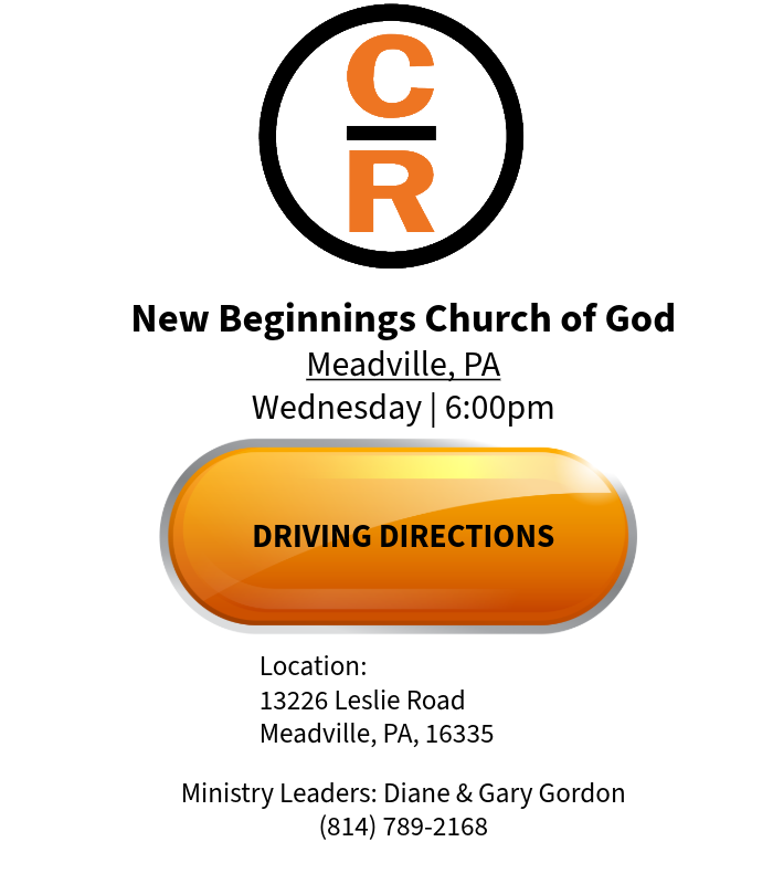 Event flyer for Celebrate Recovery at New Beginnings Church of God in Meadville, PA, Wednesdays at 6:00pm.