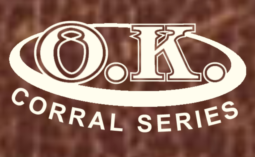 A logo for ok corral series on a brown background