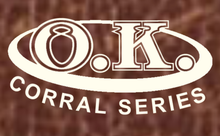 A logo for ok corral series on a brown background