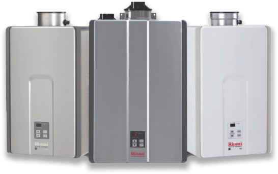 Three rinnai water heaters are lined up next to each other