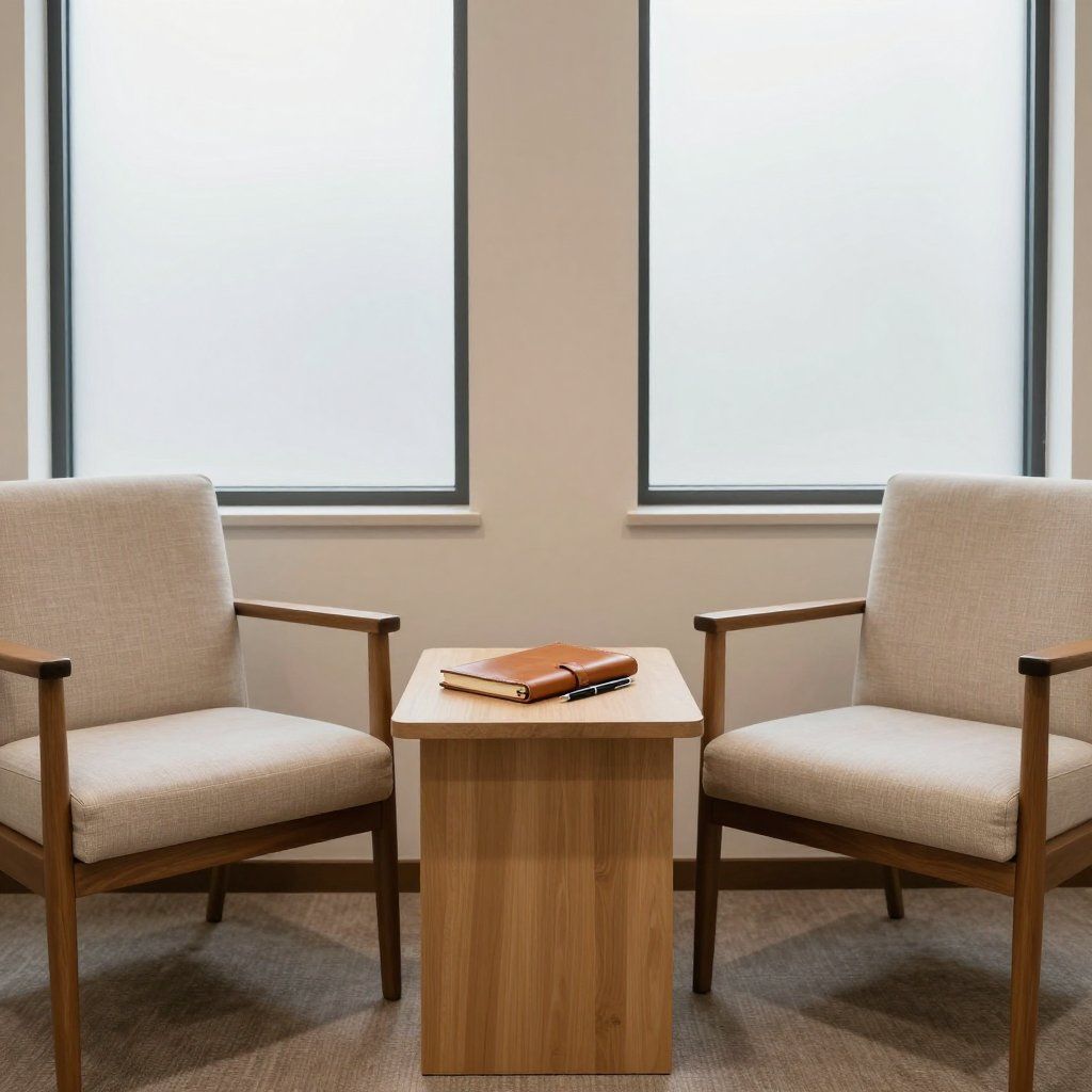 Twee lichtgrijze fauteuils met houten frame staan ​​tegenover elkaar, met daartussen een klein houten tafeltje. Operis Mierlo