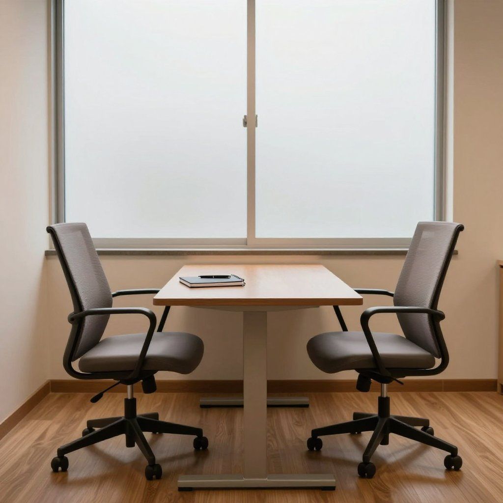 Twee grijze bureaustoelen staan ​​tegenover elkaar aan een tafel voor een raam.