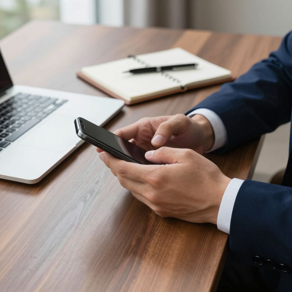 Persoon in pak die een smartphone gebruikt aan een bureau met een laptop en een notitieboek.