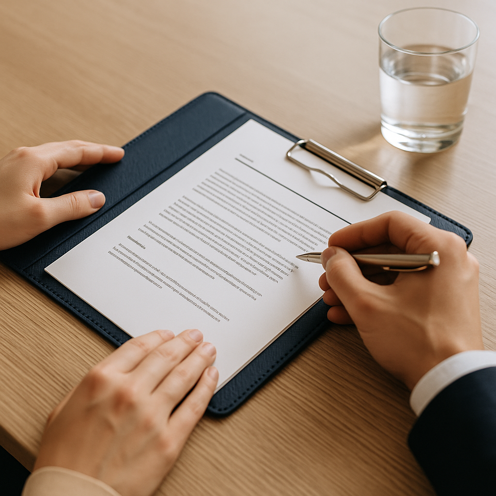 Een persoon ondertekent een document op een klembord, een glas water staat op een houten tafel.