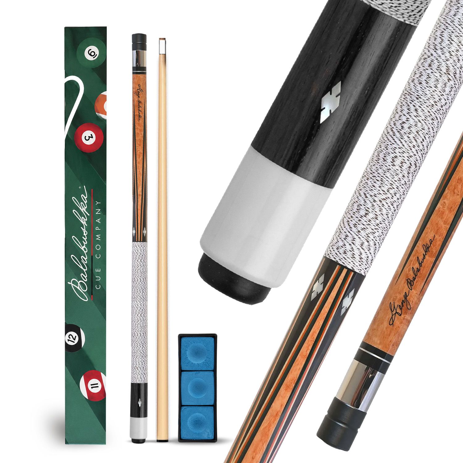 GB3 billiard cue complete package with decorative box, cue case, blue chalk accessories, and premium Balabushka cue components