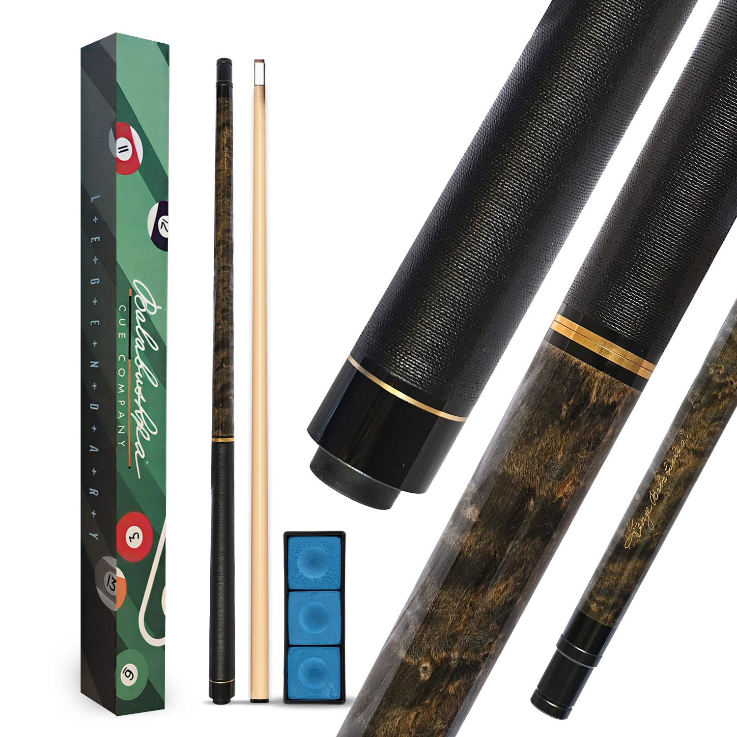 GBJBK-1 break/jump cue complete package featuring cue box, shaft, blue chalk accessories, and detailed views of the dark maple forearm, black wrap, gold accents, and precision cue construction