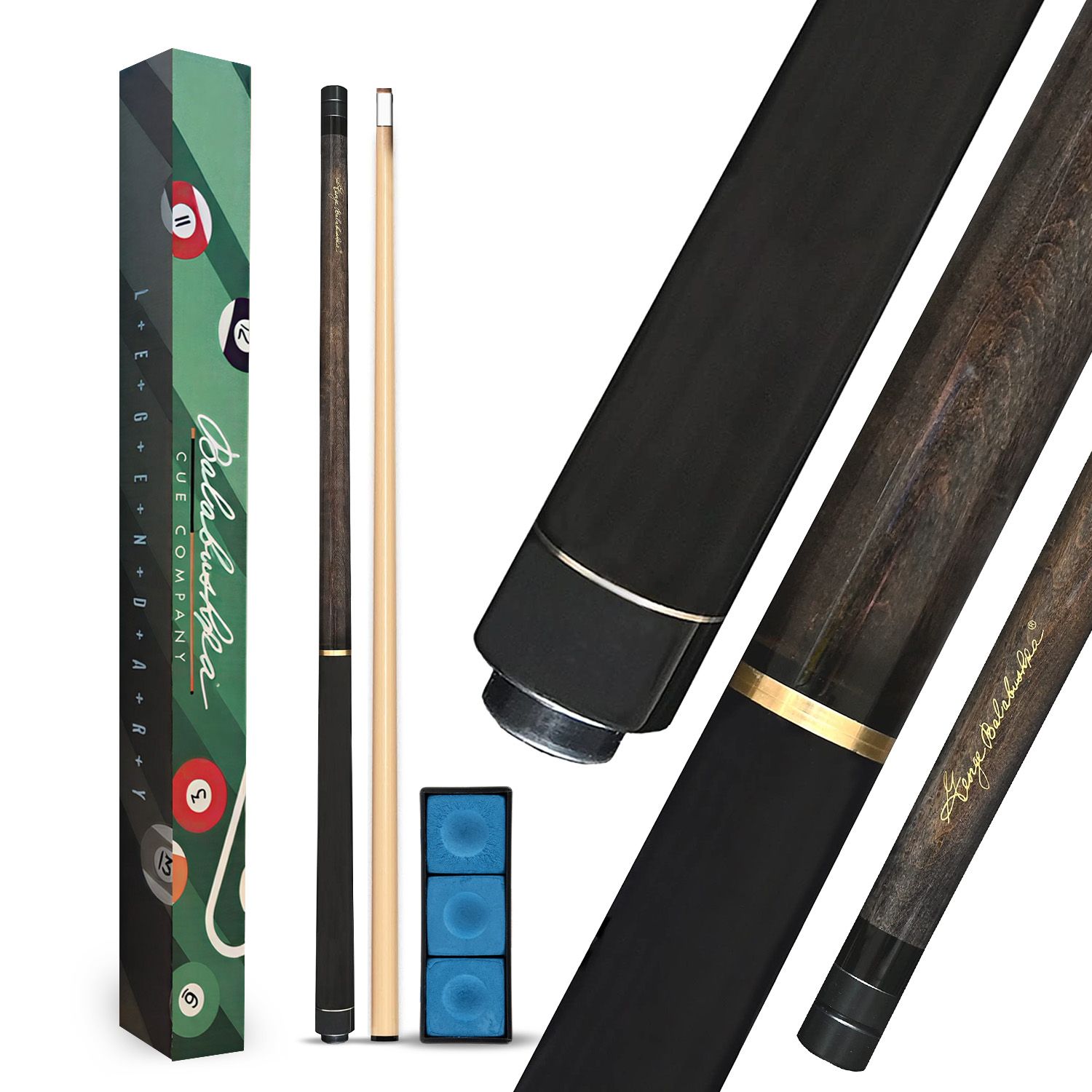 GBJBK-2 break/jump cue complete package featuring cue box, shaft, blue chalk accessories, and detailed views of the dark maple construction, black textured grip, gold accents, and precision cue craftsmanship