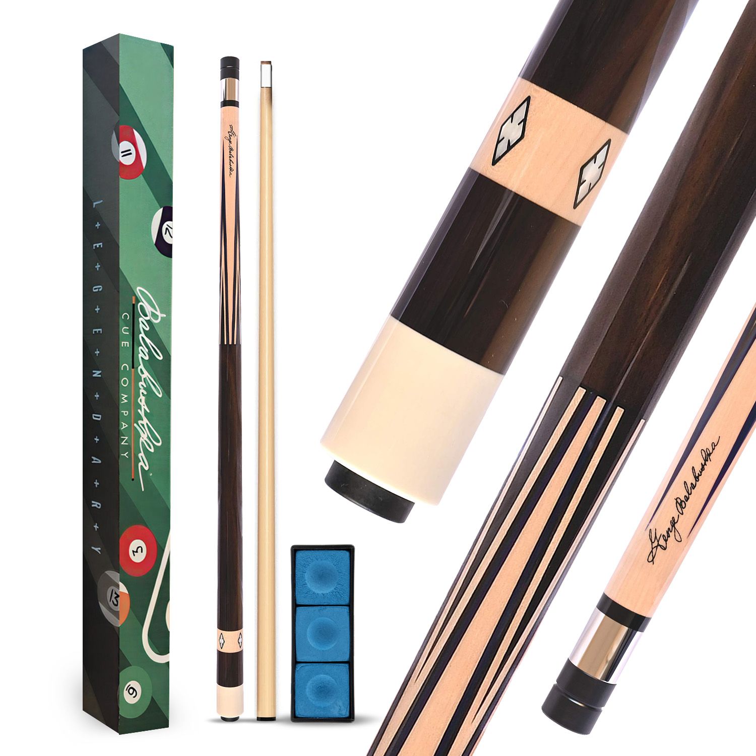 GB-T billiard cue complete package featuring cue box, shaft, blue chalk accessories, and detailed views of the rosewood butt sleeve, maple forearm, and precision cue construction