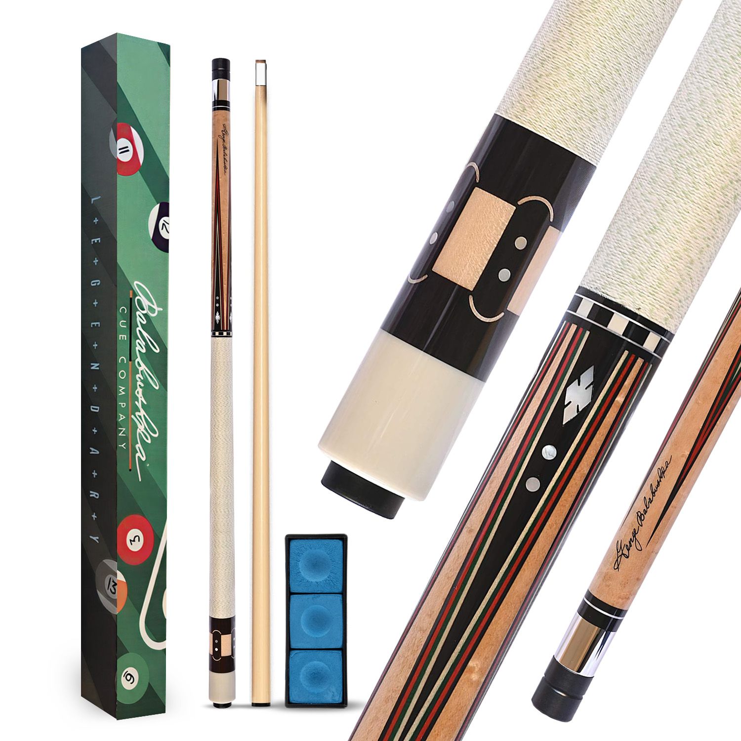 GB-BS billiard cue complete package with decorative box, cue shaft, blue chalk accessories, and premium Balabushka cue components