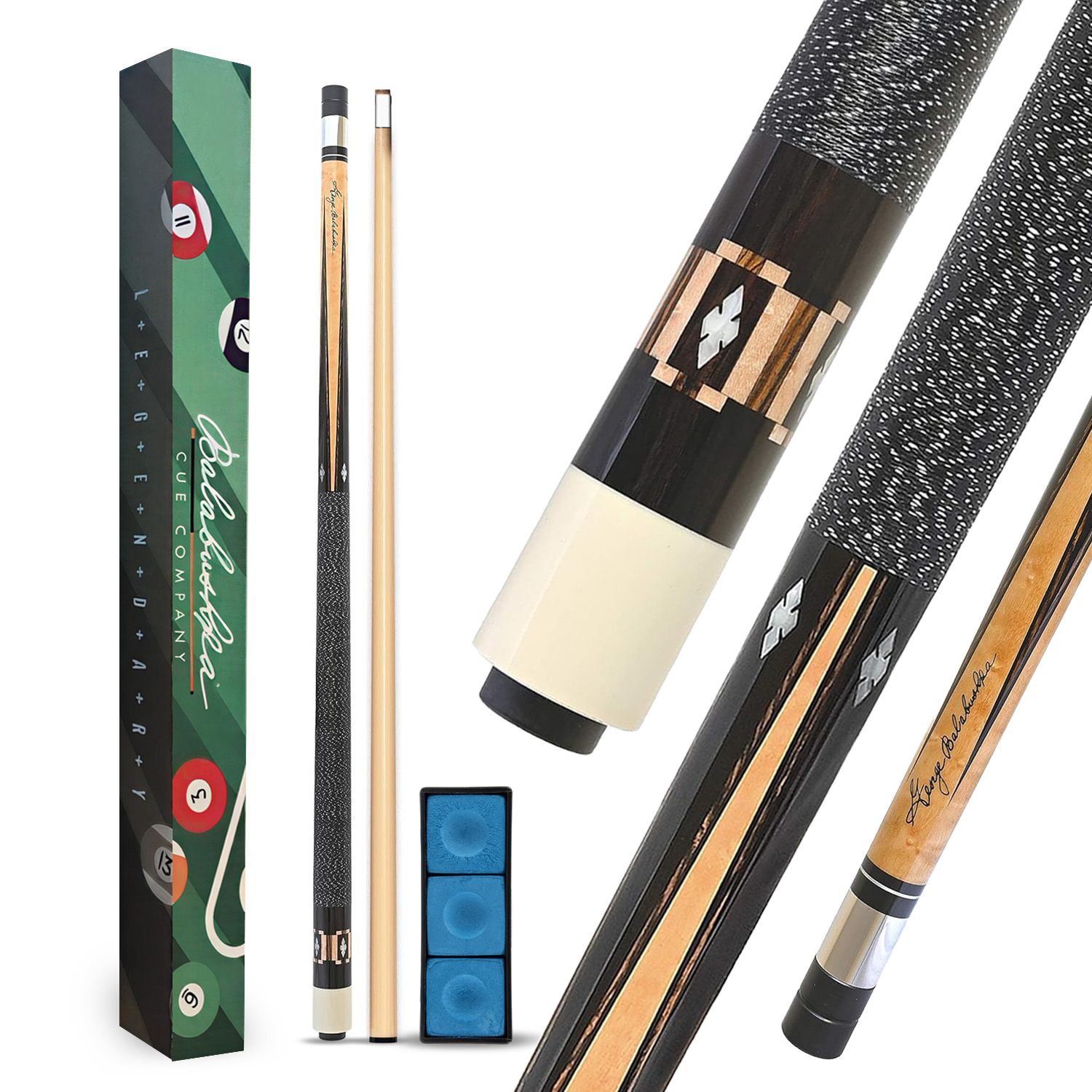 GB5 billiard cue complete package with decorative box, cue case, blue chalk accessories, and premium Balabushka cue components