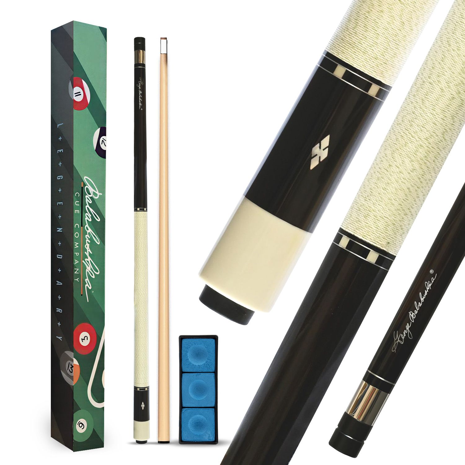 GB25 billiard cue complete package featuring cue box, shaft, blue chalk accessories, and detailed views of the solid rosewood forearm, white Irish linen wrap, polished accents, and premium Balabushka craftsmanship