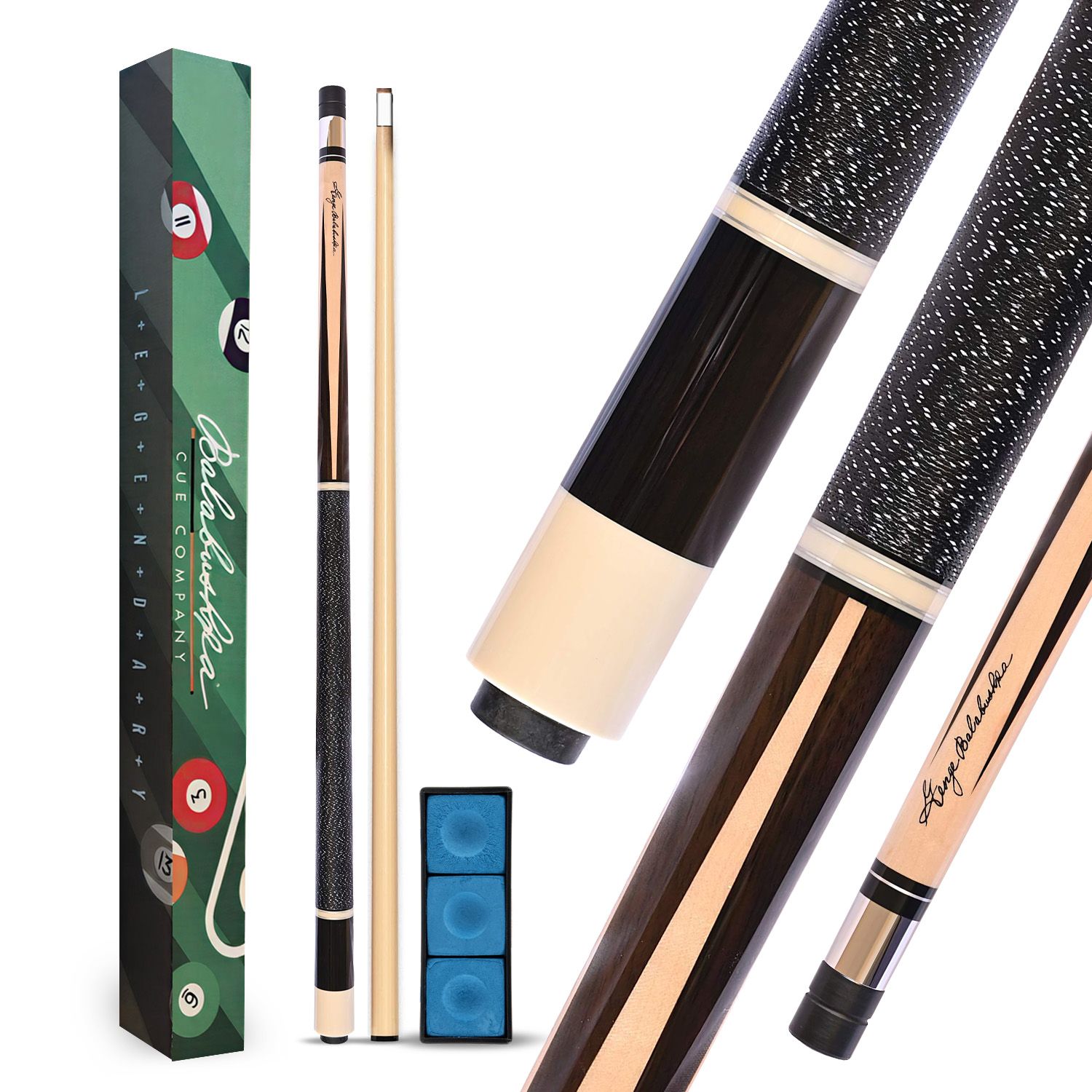 GB26 billiard cue complete package featuring cue box, shaft, blue chalk accessories, and detailed views of the rosewood and maple construction, black linen wrap, and premium cue components