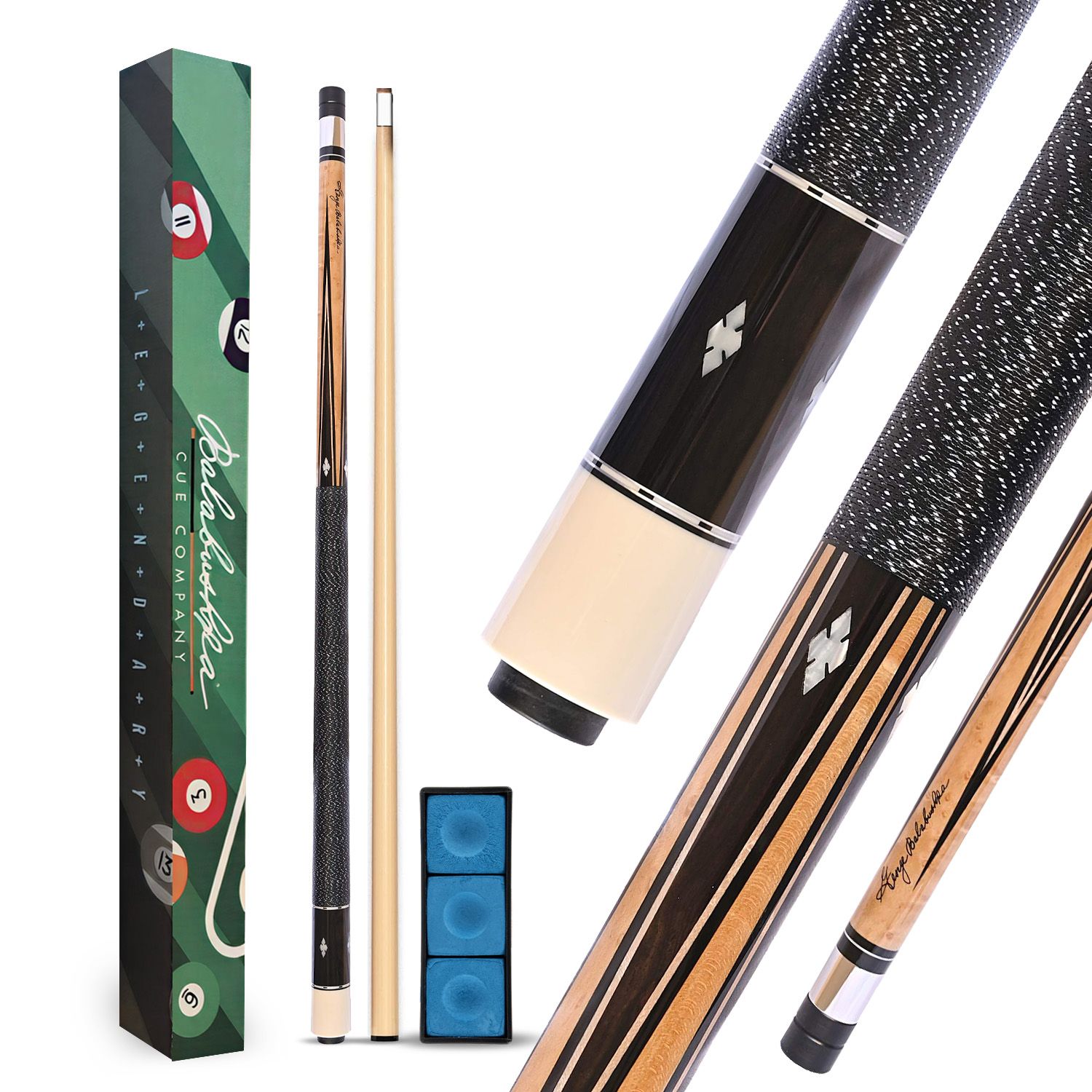 GB9 billiard cue complete package with decorative box, cue case, blue chalk accessories, and premium Balabushka cue components