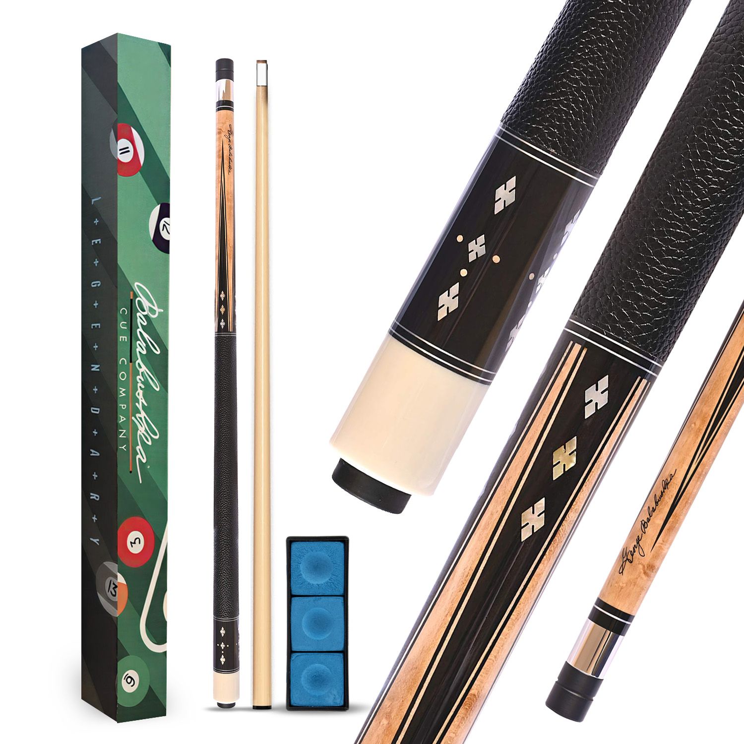 GB-GS billiard cue complete package featuring cue case box, shaft, blue chalk accessories, and detailed views of the ebony butt sleeve, black leather wrap, and maple forearm design