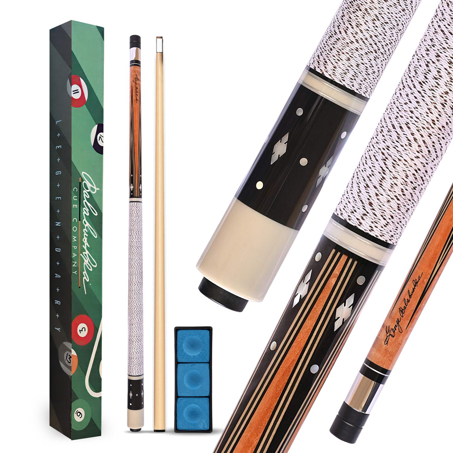 GB22 billiard cue complete package with decorative box, cue shaft, blue chalk accessories, and premium Balabushka cue components