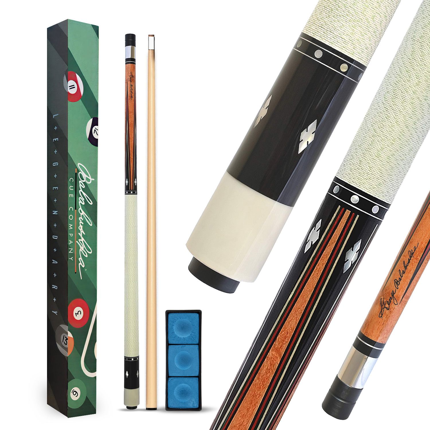 GB21 billiard cue complete package with decorative box, cue case, blue chalk accessories, and premium Balabushka cue components