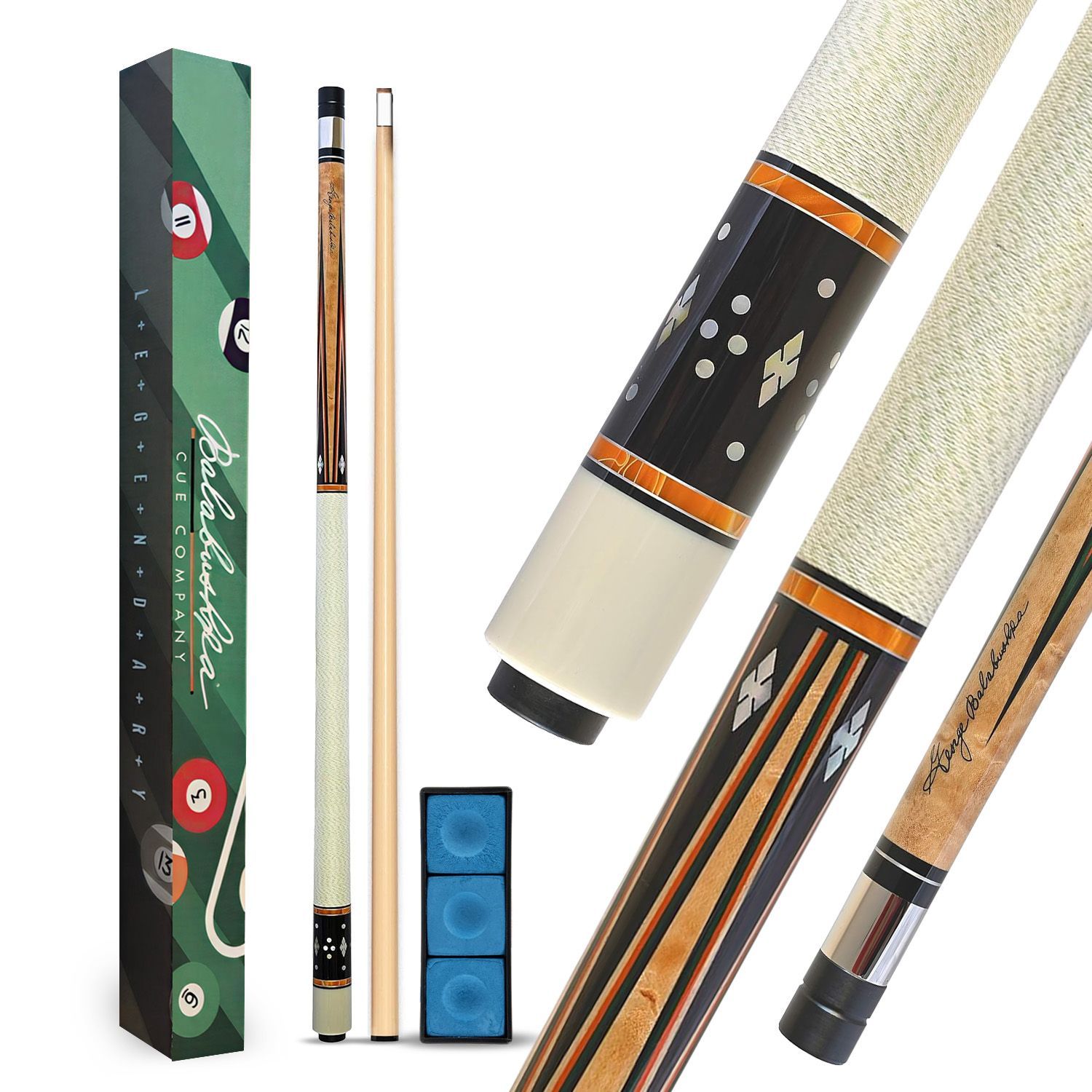 GB23 billiard cue complete package with decorative box, cue shaft, blue chalk accessories, and premium Balabushka cue components